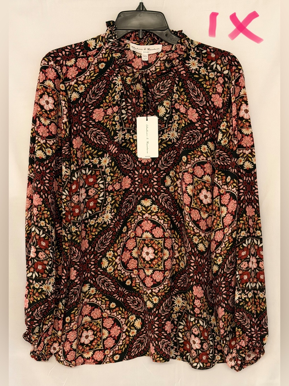 Chelsea & Theodore Black Floral Paisley Tie-Neck Blouse with Pink and Cream